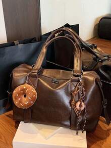 Nicekee Casual And Stylish Large Capacity Handbag With Pendant, Retro And Simple Solid Color Shoulder Bag, Suitable For Commuting Shopping - Coffee - View 13