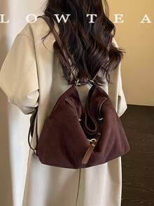 1pc Suede Fabric Shoulder Bag With Adjustable Strap, Suitable For Commuting, Shopping And More - Coffee - View 8