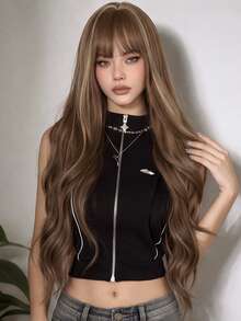 32 Inch High Gloss Platinum Brown Long Wavy Synthetic Wig With Bangs, Heat Resistant Loose Curly Hair For Women, Adjustable Wig Cap, Suitable For Daily Wear, Party, Cosplay - Multicolor - View 2