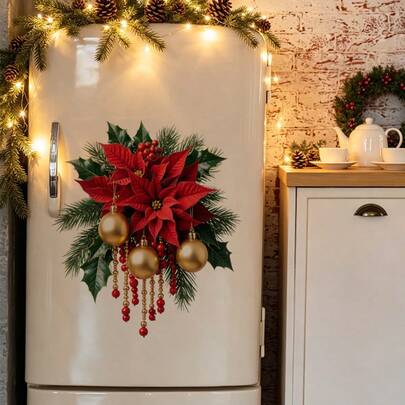 1/5 piezas Pegatinas removibles para pared, decoración navideña de bola de poinsettia, pino y acebo, adecuadas para refrigerador, gabinete, puerta del baño, decoración navideña de pared