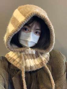 Bonnet à cordon rayé, chapeau-écharpe à capuche ample et chaud pour l'automne/l'hiver, équipement de neige résistant au froid, convient pour le port quotidien, les activités de vacances, les cadeaux - Kaki - Voir 2