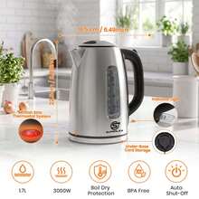 SUPERLEX 1.7L Electric Tea Kettle With Visual Water Level Display, 3000W Fast Boiling Water, Auto Shutoff On Low Water & Dry Boil Protection. Stainless Steel Kettle Body With Anti-Scald Design, Great For Coffee And Tea. - UK Plug(220-240V) - View 4