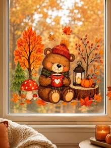 1pc Autumn Forest & Bear Window Sticker, Illustration Style Window Decor, Pumpkin Mushroom Pine Tree Lantern Berry Elements Glass Decal - D - View 2