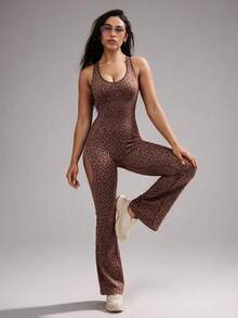 1pc Leopard Print Twisted Hollow Back Deep V Flare Leg Jumpsuit Set, Brown Jumpsuit, Pink Jumpsuit - Brown - View 5