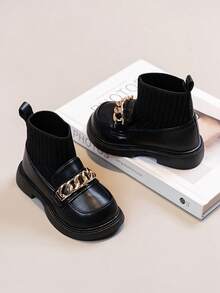 1 Pair Girls Baby Toddler Metal Buckle Decor Knitted Collar Comfortable Flat Elastic Boots, Suitable For Daily Wear In Autumn/Winter - Black - View 4