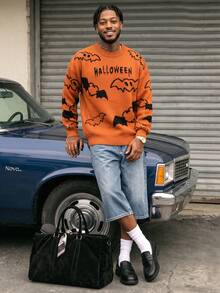 BLACKTOEXIT Spring Autumn Winter Men's Women's Halloween Limited Edition Letter Bat Pattern Long Sleeve Crew Neck Casual Versatile Loose Drop Shoulder Pullover Knit Sweater Top - Orange - View 3