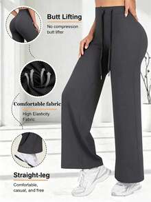 1pc Women's High Waist Wide Leg Pants, Drawstring Straight Leg Pants, Elastic Wide Leg Pants, Fashion Minimalist Versatile Long Pants Sports - Grey - View 3