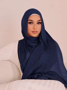 1PC Women's Solid Color Viscose Headscarf, Soft Wide-Edge Headwrap, Versatile Sun Protection Scarf Hijab, Suitable For Daily Wear - Navy Blue - View 3