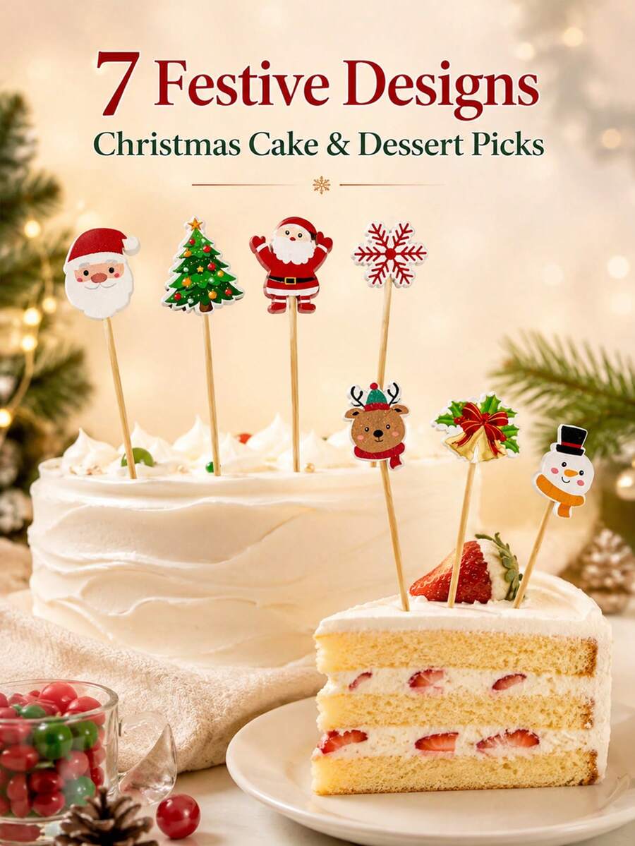 50/80pcs Christmas Cake Toppers Santa Reindeer Snowman Tree Dessert Picks Cute Holiday Cupcake Decorations Festive Party Baking Decor Table Styling Accessories - Multicolor - View 1