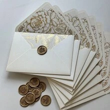 NIEWSPECIAL 10/20 Pcs Pearl Ivory Envelopes With Gold Foil Or Champagne Gold Flower Pattern Stickers And A Wax Seal For Invitation,Suit For 5*7inch Card - 135*192mm Design a - View 2