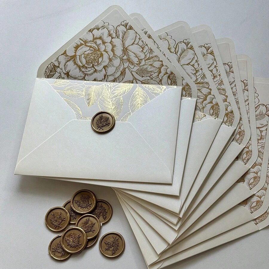 NIEWSPECIAL 10/20 Pcs Pearl Ivory Envelopes With Gold Foil Or Champagne Gold Flower Pattern Stickers And A Wax Seal For Invitation,Suit For 5*7inch Card