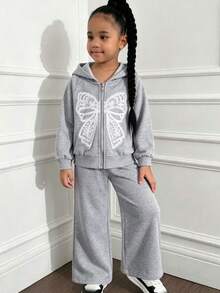 Galaxy Graffiti Autumn Fashion Outfit 4-7 Size Girls Set, Capybara Drinking Milk Tea Print Sweatshirt + Flare Pants Set, Sweet Ruffle Sleeve Top, Suitable For Spring/Summer School, Family Outings And Daily Casual Sports - Grey - View 4