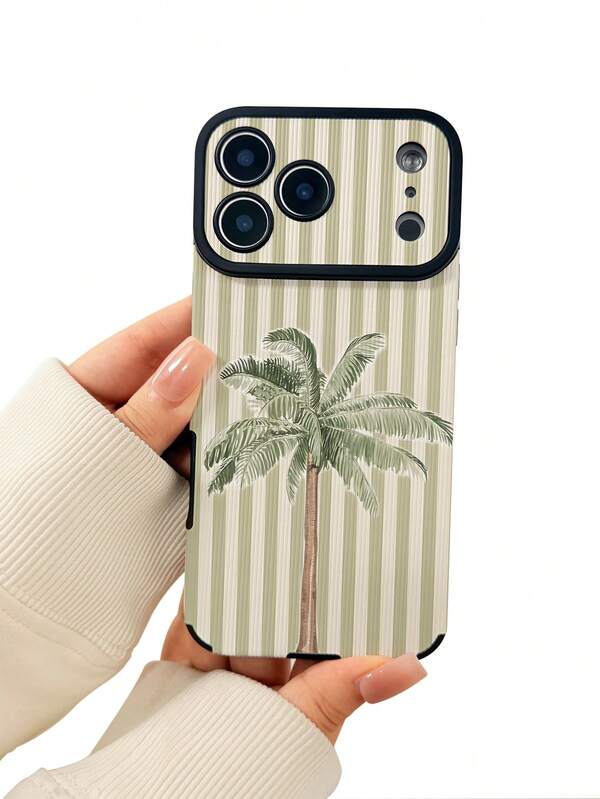1pc New Fashion Striped Coconut Tree Pattern Shockproof Large Window Vertical Texture Faux Leather Soft Phone Case, Essential Daily Protection, Style, Perfect Gift For Friends, Family, Etc., For IPhone17/17Air/17Pro/17ProMax/IPhone16/16Plus/16Pro/16ProMax/IPhone15/14/13/12/11series