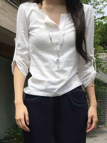 Korean Style Minimalist Multi-Button Adjustable Half-Open Collar 3/4 Sleeve T-Shirt - White - View 5
