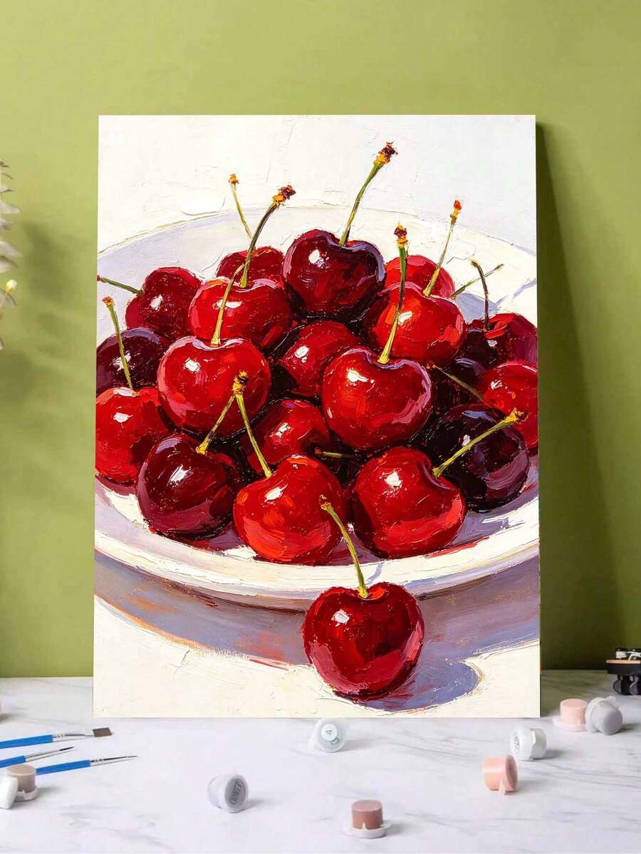 1pc Oil Painting By Numbers Kit, Cherry DIY Art & Craft, Home Wall Decor, Canvas Oil Painting Decoration, Holiday Gift Includes Paintbrushes And Paints.