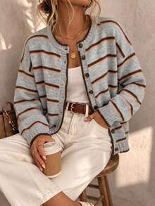 Women Retro Round Neck Contrast Stripe Long Sleeve Sweater Cardigan Color Block Drop Shoulder Sweater–Fall Winter Loose Casual Versatile Fashion - Multicolor - View 6