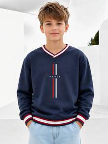 Tween Boy 1pc Contrast Color Print Crew Neck Sweatshirt, Unisex Kids' Clothing, Matching Outfits For Siblings, Best Friends, And Family, Long Sleeve Top For Young Students, Suitable For Autumn And Winter - Navy Blue - View 3