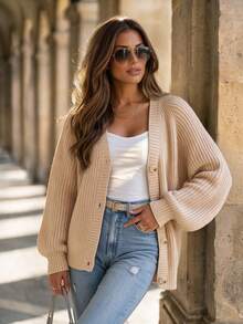 Women's Ribbed Knit Cardigan Sweater, Long Sleeve Button Front Casual Top For Fall Fashion - Khaki - View 2