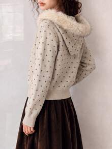 Women's Winter Casual Minimalist Retro Pattern Striped Design Hooded Cardigan Sweater Jacket - Milk Coffee - View 2
