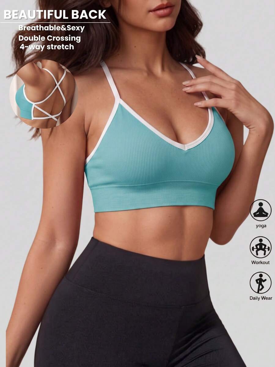 女款羅紋V領運動內衣 交叉細肩帶露背 無鋼圈加墊瑜珈短版上衣 四向彈力日常運動服