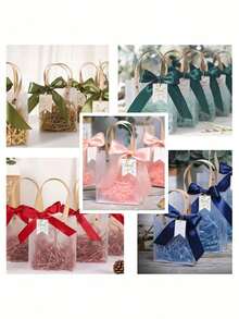 6/20pcs Frosted Transparent Gift Bags With Wooden Handles, 15*13*7cm Transparent Plastic Gift Tote Bags With Green Satin Bows, Waterproof Durable Reusable, Suitable For Wedding Favors, Birthday And Gift Packaging - Multi-color - View 2