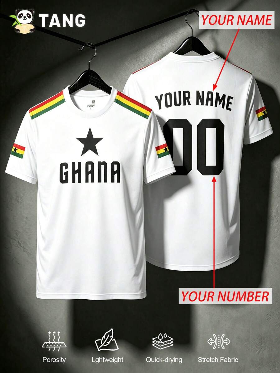 Ghana World Cup Style Customized Men's Football Jersey & Customizable Name And Number & Round Neck Comfortable Sports Top & Suitable For Football Training & Casual Wear & Gift Giving
