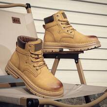 Men's Vintage Distressed High-Top Ankle Boots Lace-Up Thick Sole Outdoor Hiking Combat Boots - Yellow - View 2