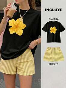 2 Playera Negra con Short Rayas Verde con Amarillo