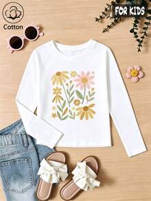 Girls Cotton Raglan Long Sleeve Tee, Autumn Winter Floral Print Top, Sweet Pastoral Charm Preppy Style - White - View 3