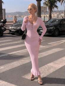 ALA Women's Autumn Light Nude Pink Deep V-Neck Hollow Out Frog Button Long Sleeve Knit Dress, Street Style Dating Vacation Slimming Elastic Fall - Pink - View 10