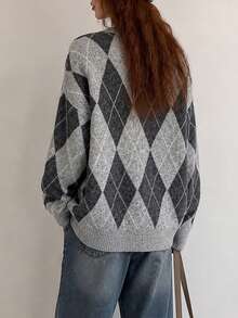 Women's Winter Casual Minimalist Fuzzy Diamond Pattern Crew Neck Pullover Sweater - Grey - View 2