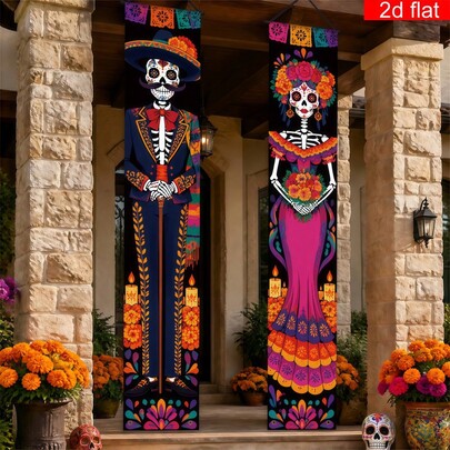 2pcs Mexican Day Of The Dead Porch Banner, Polyester Material, Skull Flower Candle Paper Cut Style Triangular Flag Design, Indoor/Outdoor Use, Home Decor, Front Porch Yard Decoration, Day Of The Dead Party Gathering Decoration