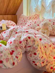 Strawberry Bow Print Duvet Cover Set, Soft Ruched Bubble Texture Bedding, Cute Girl's Room Decor 3 Pieces Set (1*Duvet Cover + 2*Pillowcases, No Filling) - Pink - View 5
