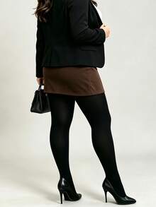 1 Pair Women Solid Black Plus Size Opaque Pantyhose, Medium‑Thick High Stretch Soft Casual Tights For Autumn Winter Daily Office Outfits - Black - View 5