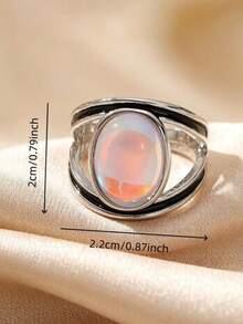 1pc Exquisite Vintage Rainbow Artificial Moonstone Geometric Ring For Women, Suitable For Daily Commute, Party And Banquet Wear - Silver - View 4
