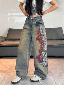 Whisplicity 1件女款寬鬆刺繡寬腿牛仔褲，舒適休閒高街百搭丹寧長褲（不含腰帶/配件）春秋款 - 藍色 - 查看 4