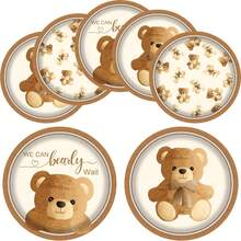 10/20/30Pcs,Cute Teddy Bear BabyShower Disposable Paper Plates,Vintage Brown Bear Pattern With We Can Bearly Wait Printed Party Plates,3 Neutral‑Style 7‑Inch Dessert Plates,Ideal For BabyShowers,1st Birthdays,Gender Reveal Parties&Dessert Table Decor - Multicolor - View 2