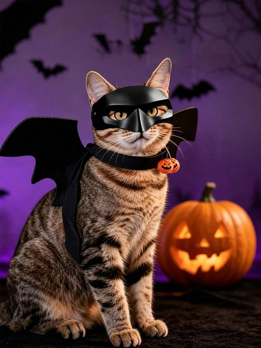 Halloween Pet Mask + Bat Wings 2pcs Set, Cat Cool Mask Adjustable Neck Collar Small Wings Costume, Suitable For Cat Owners, Holiday Pet Dress Up, Halloween Party For Cats To Wear And Transform For Photos - Multicolor - View 1