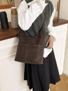 Dedoo Women's Suede-Like Hobo Shoulder Bag Set, Solid Color Vintage Matte PU, Contrast Stitching, Adjustable Strap, Large Capacity, Suitable For Autumn/Winter Student Daily Commute - Coffee - View 4