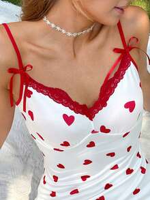Women's Red & White Heart Print Ruffle Hem Babydoll Style Camisole Short Nightgown, V-Neck Spaghetti Strap Lace Patchwork Side Slit Sexy Sleepwear - Red and White - View 3