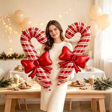 5pcs 32 Inch Red & Pink Candy Cane Shaped Foil Balloons With Pink Bows, Christmas Party Decoration Toy Balloons - View 8