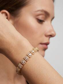 1pc Luxury Elegant Sparkling Cubic Zirconia Inlaid Rectangular Design Bracelet, Suitable For Women's Wedding And Banquet Wear, Gift Box Not Included - Yellow Gold - View 1