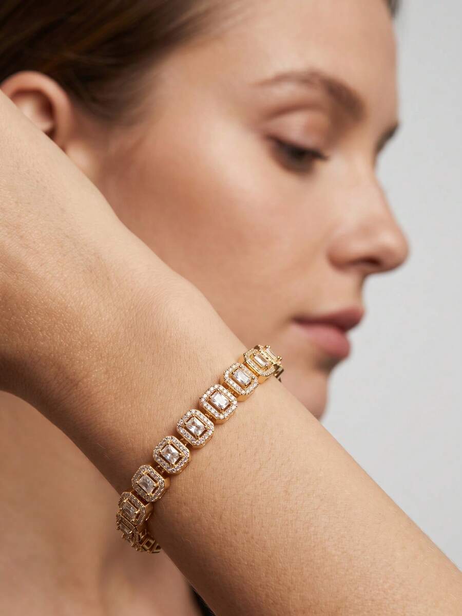 1pc Luxury Elegant Sparkling Cubic Zirconia Inlaid Rectangular Design Bracelet, Suitable For Women's Wedding And Banquet Wear, Gift Box Not Included - Yellow Gold - View 1