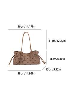New Fall/Winter Fashionable Casual Polka-Dot Print Suede Large-Capacity Women's Shoulder Bag With Charms, Pleated Design Handbag - Khaki - View 12