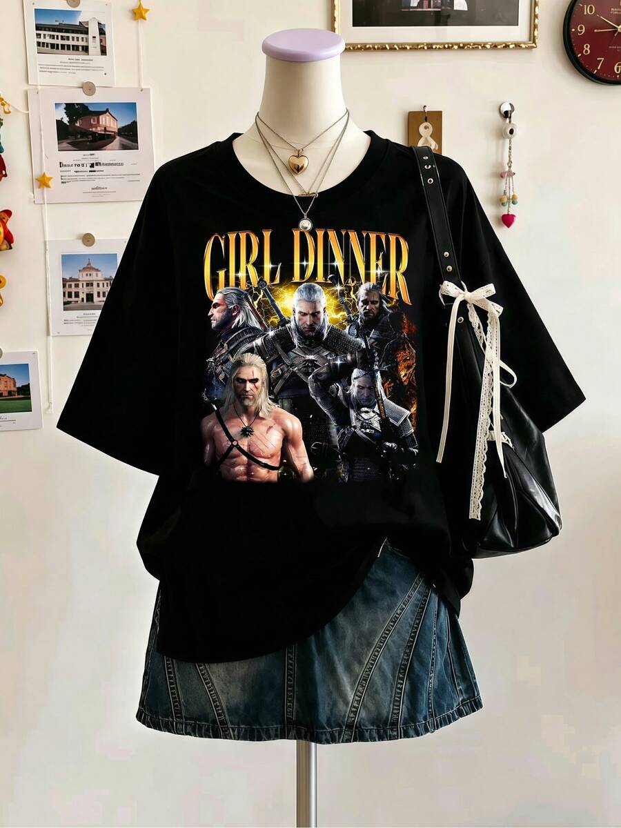 The Witcher Geralt Girl Dinner Meme Vintage Bootleg Graphic T‑Shirt, Plus Size Women Oversized Pure Cotton Gamer Fan Tee For Daily Outfit & Loungewear - Black - View 1
