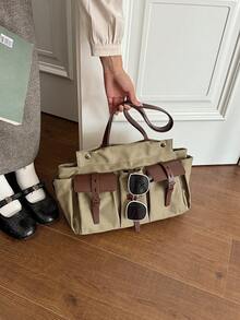 Tote Bag With Multiple Pockets And Buckle Decor, Layered Design With Partitioned Storage For Organized Personal Items, Handheld Style With Vintage Flair, Spacious And Elegant Silhouette, Suitable For Daily Commute And Outings, Easily Matches Various Outfits For A Casual Vibe - Green - View 6