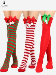 4/3/1 Pairs Christmas Striped Solid Color Bow Pom Pom Deer Head Green Red Cute Holiday Over Knee Thigh High Socks - Multicolor - View 17
