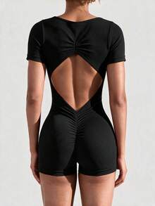 TCVC Women's Backless Short Sleeve Jumpsuit, Sexy Open Back Seamless Knitted , Comfortable Fabric For Indoor & Outdoor Sports, Yoga, Slimming Fit Shapewear Jumpsuit Black Summer - Black - View 6