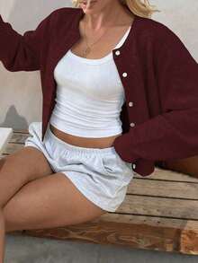Spring Autumn Winter New Burgundy Round Neck Single Breasted Knit Women's Top, Casual Y2K Style Cardigan Jacket, Suitable For Daily Commute Wear Fall - Early Red - View 2