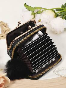 With A Pom-Pom Charm, New Letter Printed Card Bag Can Be Split And Used As A Multifunctional Large Capacity Storage Bag - Black - View 9